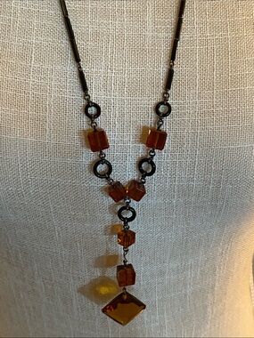 Amber Colored Glass Beaded Y Necklace Vintage